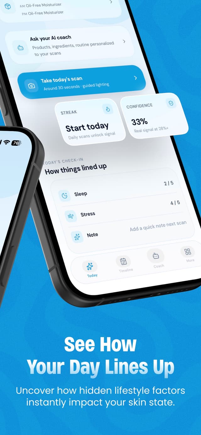 Daily check-in logging sleep, stress, and a note alongside your scan